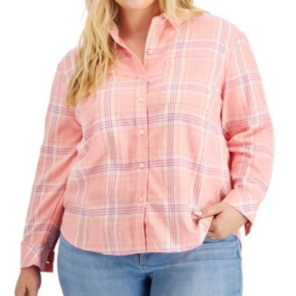 SIZE:1X STYLE&CO PINK PLAID LNG SLV BUTTON DOWN FRONT SHIRT W/FLAT COLLAR